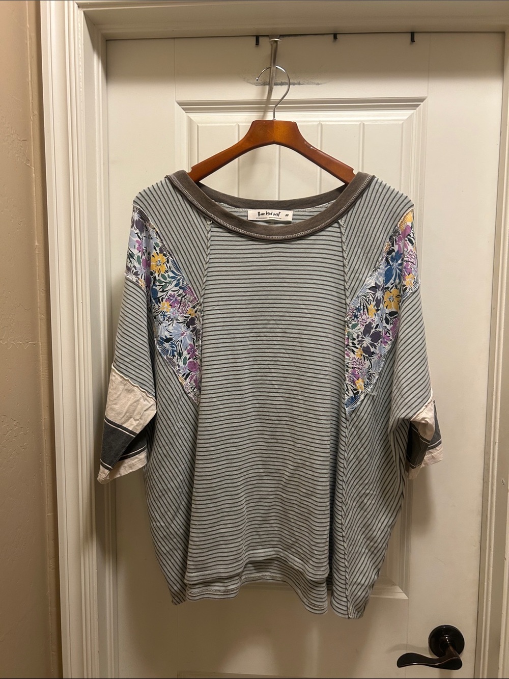 Three Bird Nest Green/gray Striped Tee M with Floral Patchwork